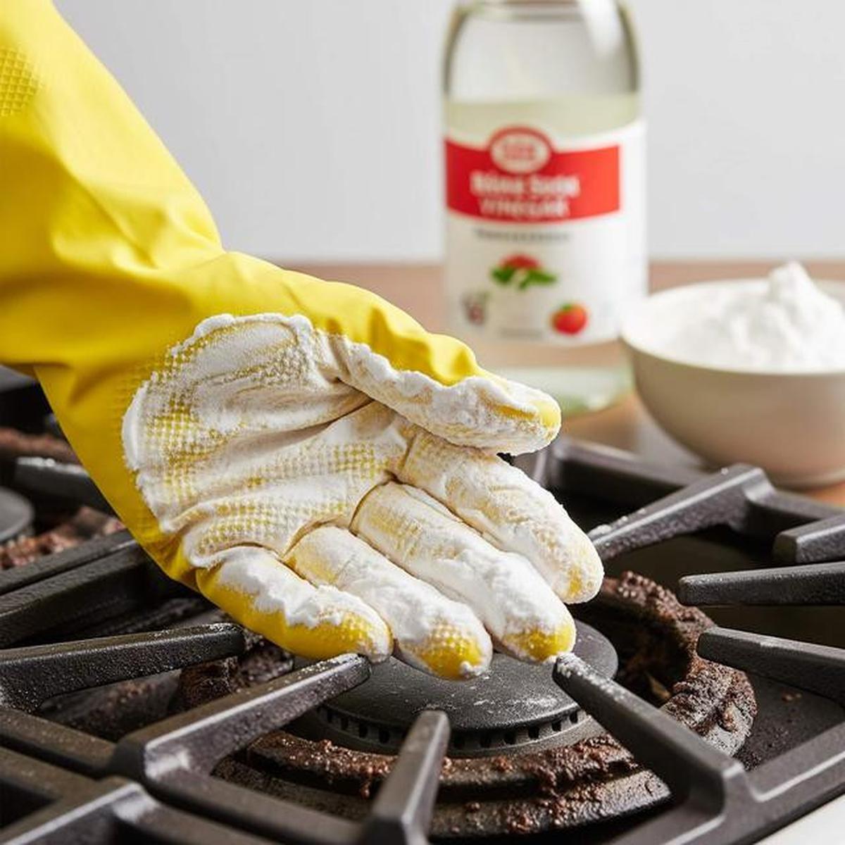 Metode Soda Kue &amp; Cuka untuk Kerak Kompor Gas. Foto: Gemini