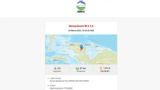 Gempa bumi menggetarkan Indonesia di akhir pekan ini, Minggu (4/3/2024). Pada pukul 18:53:55, lindu tersebut terjadi di wilayah Teluk Bintuni, Provinsi Papua Barat.
