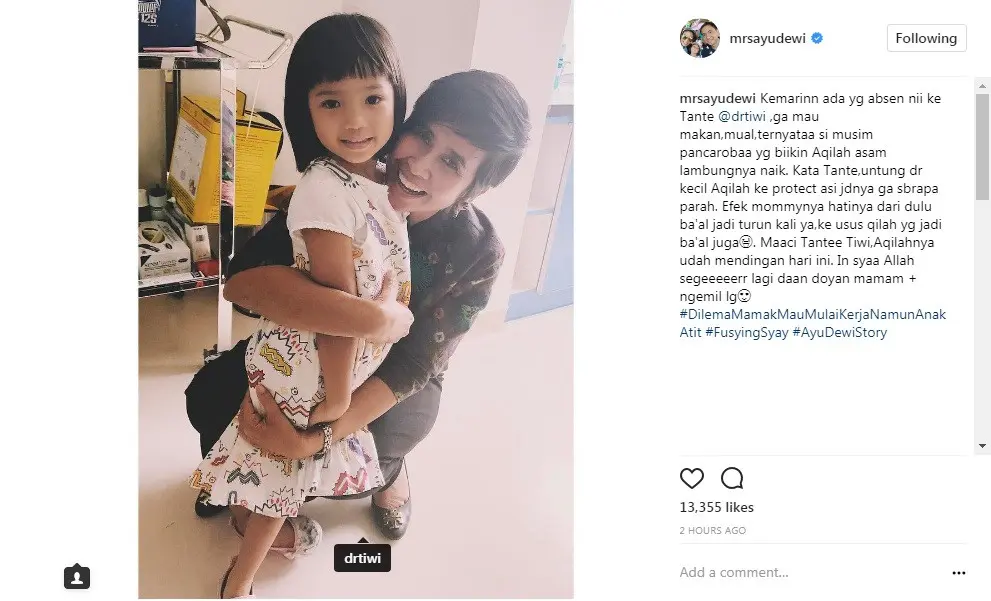 Ayu Dewi bersedih anaknya sakit (Foto: Instagram)