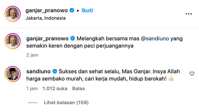 Di tengah panasnya suhu politik, capres dari PDI Perjuangan Ganjar Pranowo pamer potret bareng Sandiaga Uno. Dalam foto itu keduanya berbincang hangat. (Foto: Dok. Instagram @ganjar_pranowo)