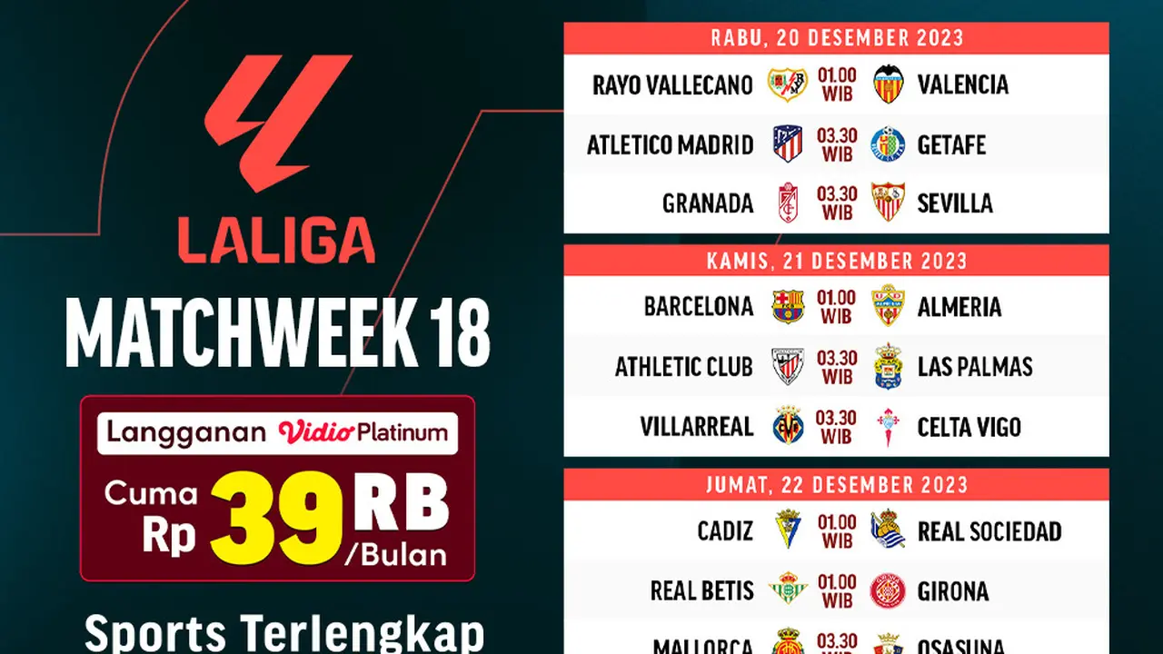 Jadwal dan Link Streaming La Liga Matchweek 18 di Vidio