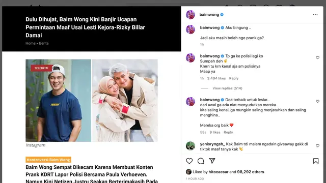 Unggahan Baim Wong. (Foto: Dok. Instagram @baimwong)