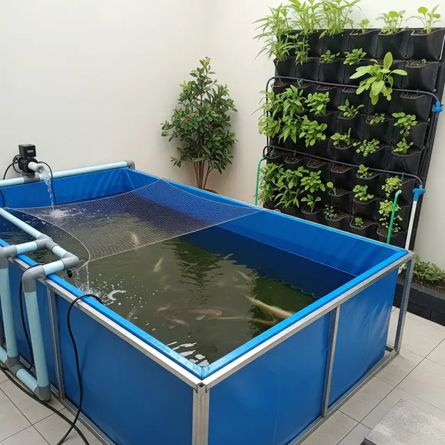 Desain Kolam Lele Terpal dengan Kebun Sayur Vertikal di Lahan 2x3 Meter