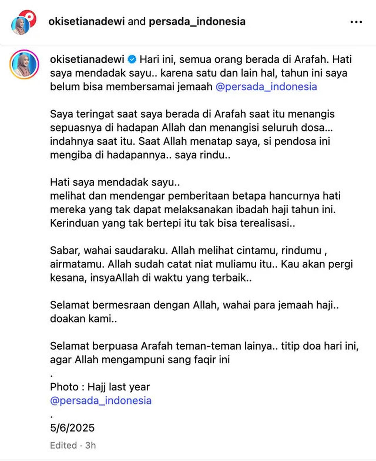 Pesan Terbuka Oki Setiana Dewi untuk Yang Gagal Naik Haji Tahun Ini: Allah Sudah Catat Niat Muliamu