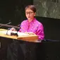 Menlu Retno Marsudi dalam pidatonya di depan Majelis Umum PBB pada Sabtu 23 September 2023 di New York, Amerika Serikat. (Dok Kemlu RI)