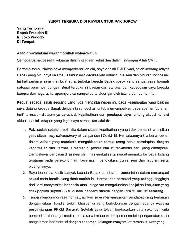 Surat terbuka Didi Riyadi. (Foto: Dok. Instagram @didiriyadi_official)