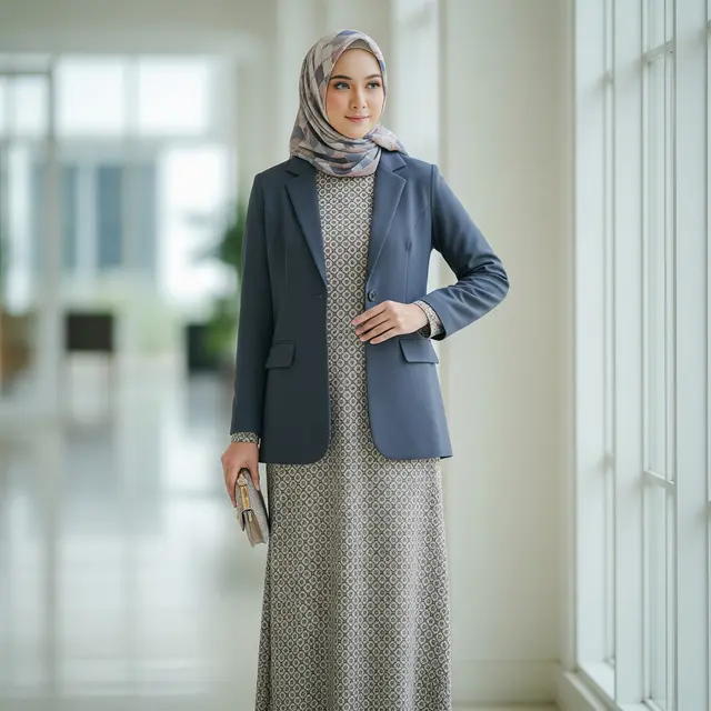 9 Model Gamis Jersey Sederhana dengan Outer Blazer, Inspirasi Gaya Modern