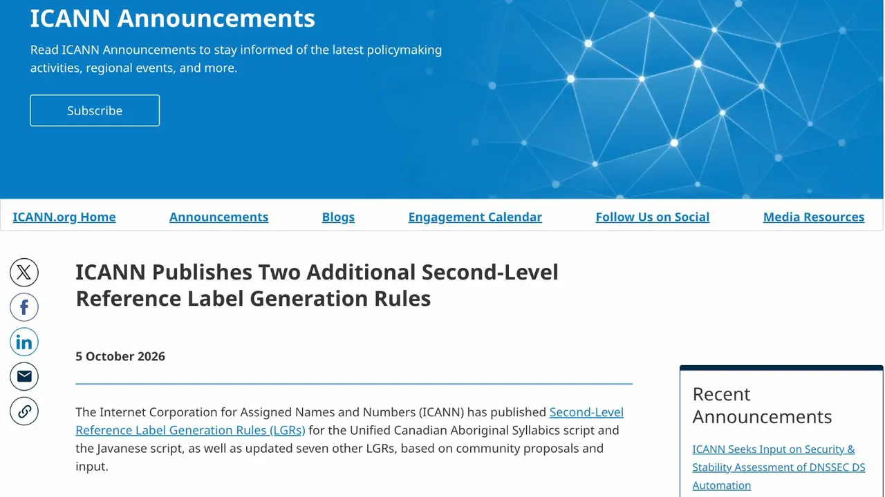 ICANN menerbitkan Second-Level Reference Label Generation Rules (LGR) untuk Aksara Jawa. Credit: ICANN