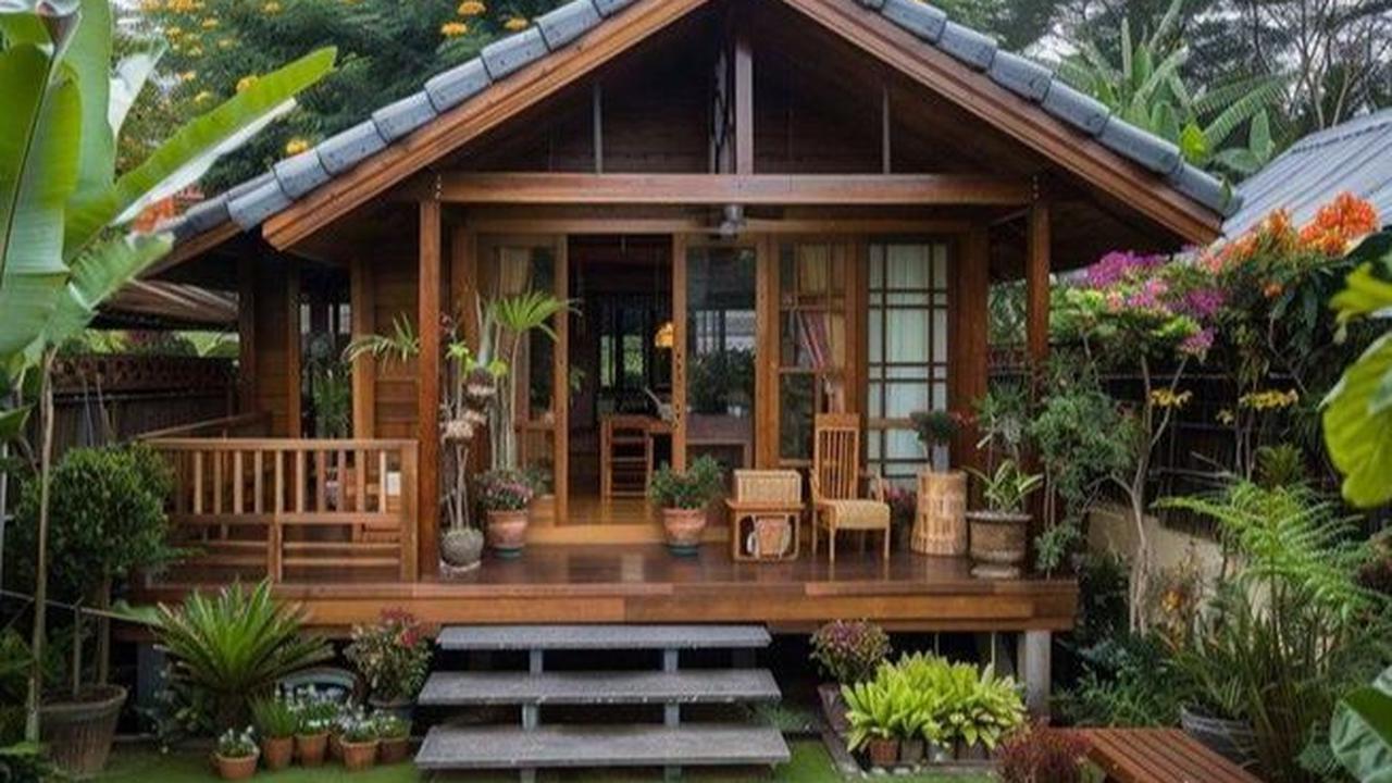 Rumah Kayu dengan Atap Miring dan Banyak Tanaman