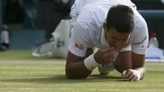 Petenis Novak Djokovic memakan rumput lapangan usai memastikan diri menjadi juara Wimbledon, London, Minggu (6/7/14). (REUTERS/Stefan Wermuth)