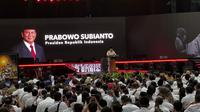 Presiden Prabowo Subianto saat memberikan sambutan dalam penutupan Kongres PSI di Edutorium Universitas Muhammadiyah Surakarta (UMS) pada Minggu malam (20/7/2025). (Liputan6.com/Fajar Abrori)