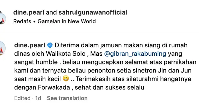 Unggahan Sahrul Gunawan dan Dine Mutiara. (Foto: Dok. Instagram @sahrulgunawanofficial)