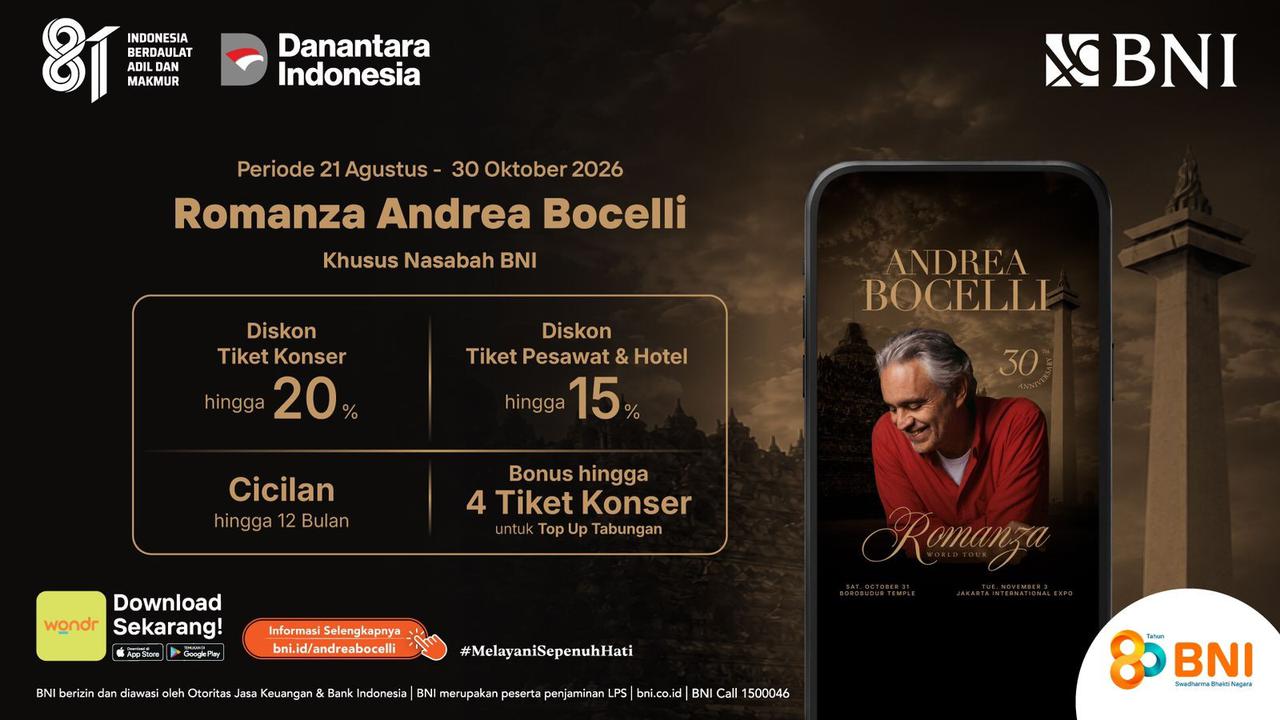 Andrea Bocelli Konser di Borobudur dan Jakarta, BNI Tawarkan Diskon Tiket hingga 20 Persen