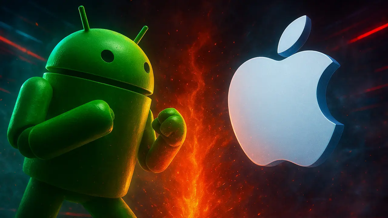 Ilustrasi Android vs iOS Apple.