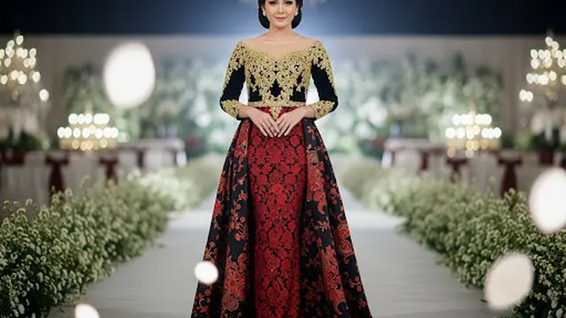 Dress Kombinasi Hitam-Merah dengan Brokat Emas