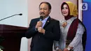 Hakim MK Suhartoyo memberikan sambutan saat acara Pisah Sambut Hakim MK di Gedung MK, Jakarta, Selasa (7/1/2020). Suhartoyo kembali dilantik menjadi Hakim MK. (Liputan6.com/Johan Tallo)