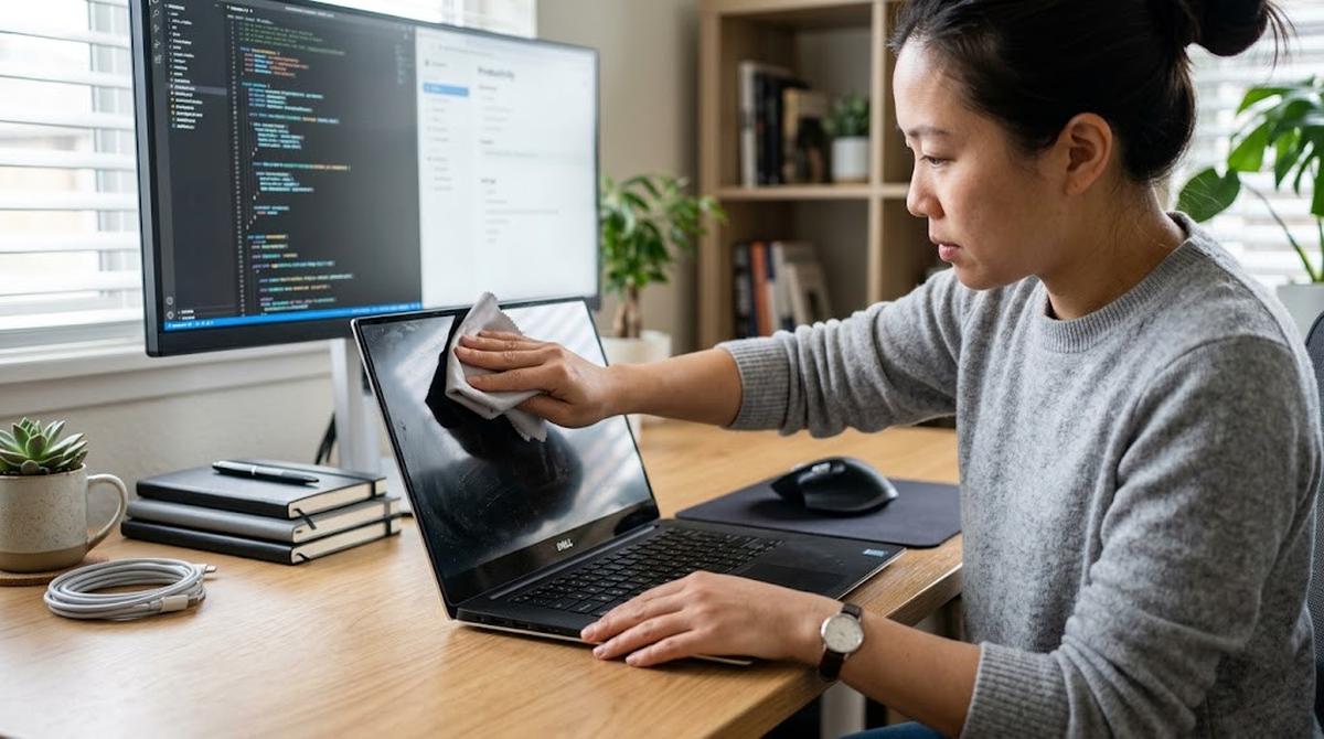 Cara Membersihkan Layar Laptop Berminyak Tanpa Meninggalkan Bekas/AI Generated