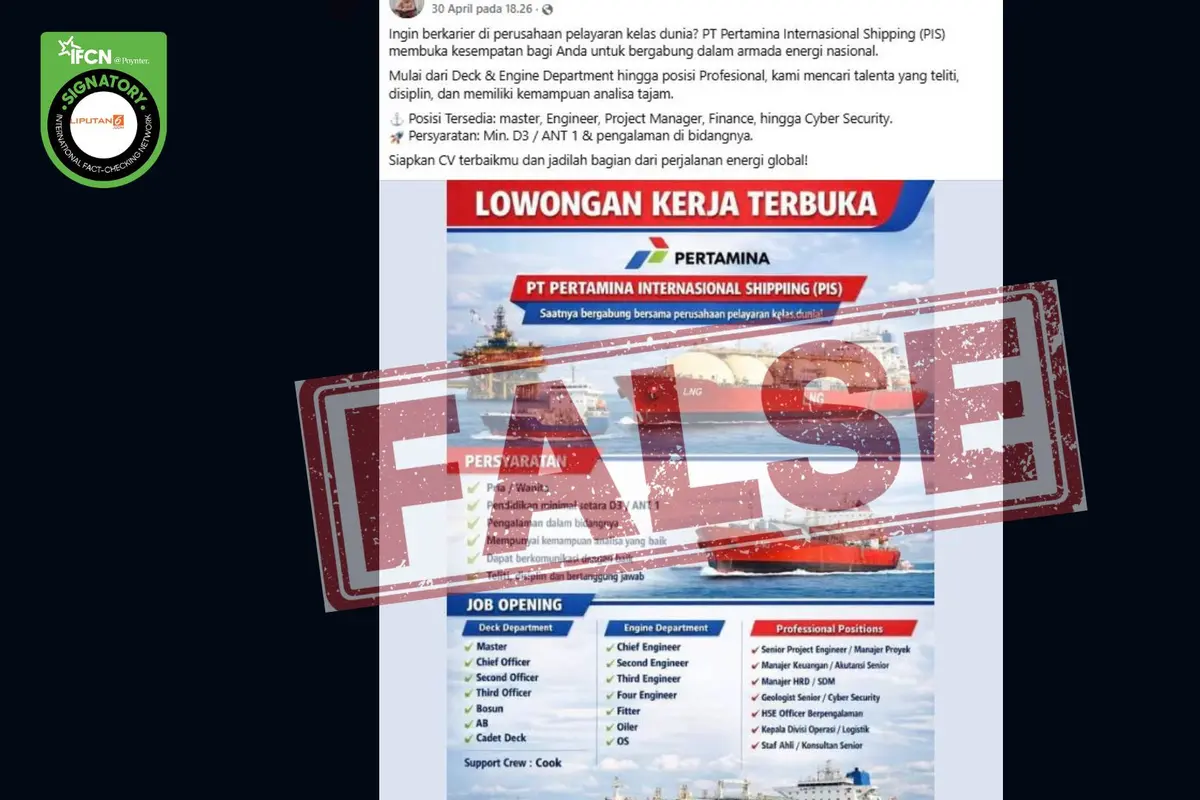 Cek Fakta Liputan6.com menangkap layar klaim pendaftaran lowongan kerja Pertamina Internasional Shipping lewat WhatsApp.