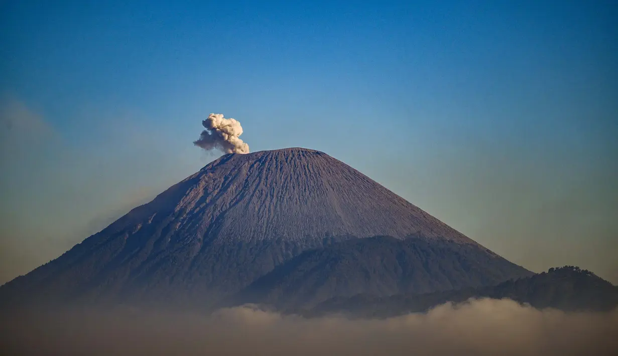 Gunung Semeru mengeluarkan asap pada kawasan Taman Nasional Bromo Tengger Semeru (TNBTS) dari puncak penanjakan 1 di Kabupaten Pasuruan, Jawa Timur, Kamis, 13 Agustus 2026. (AFP/ Juni Kriswanto)