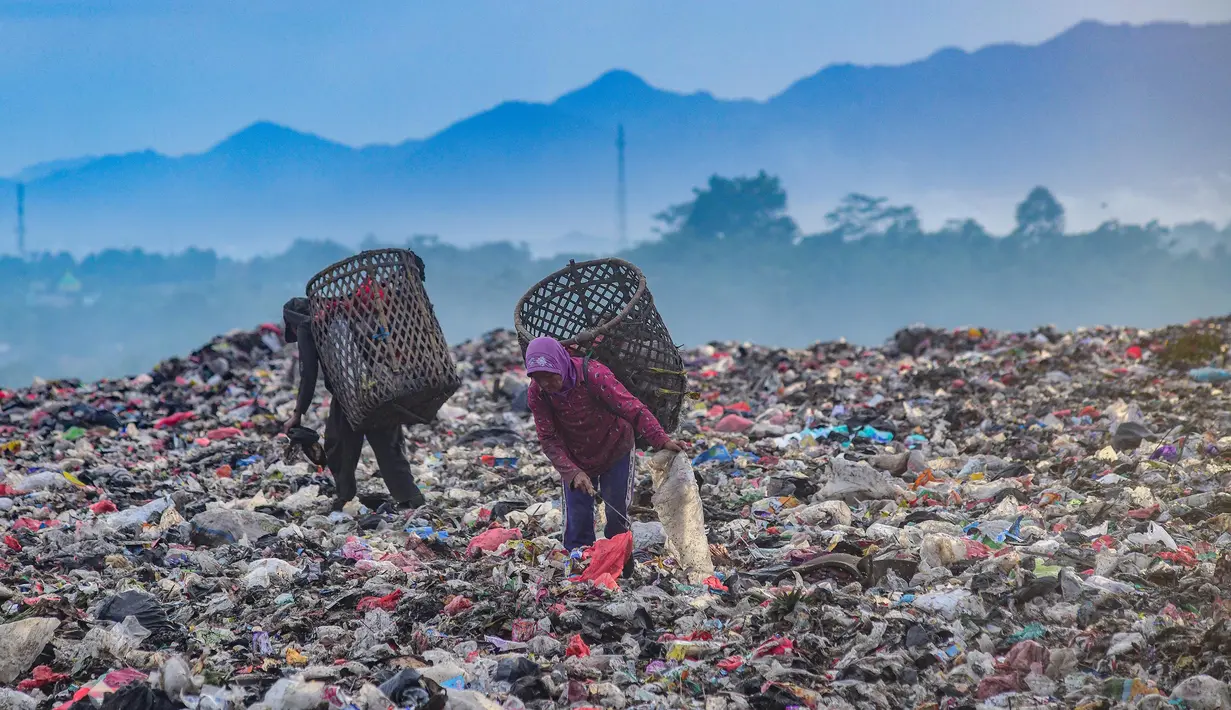 Warga yang berprofesi sebagai pemulung mengumpulkan sampah plastik dengan latar belakang Gunung Gede-Pangrango di Tempat Pembuangan Akhir Galuga, Bogor, Kamis (6/11/2025). Penutupan tumpukan sampah atau capping dilakukan sambil menunggu proses penyelesaian TPA open dumping yang banyak ditemukan di berbagai wilayah. (merdeka.com/Arie Basuki)