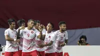 Striker Indonesia, Alberto Goncalves, melakukan selebrasi usai mencetak gol ke gawang Laos pada laga Asian Games di Stadion Patriot, Jawa Barat, Jumat (17/8/2018). (Bola.com/Peksi Cahyo)