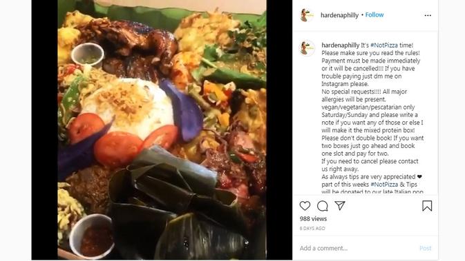 Satu boks pizza ini berisi sederet sajian menggugah selera asli Indonesia yang dijual di Amerika Serikat. (dok. Instagram @  hardenaphilly/https://www.instagram.com/p/CFKu7EYDHTF/?hl=en