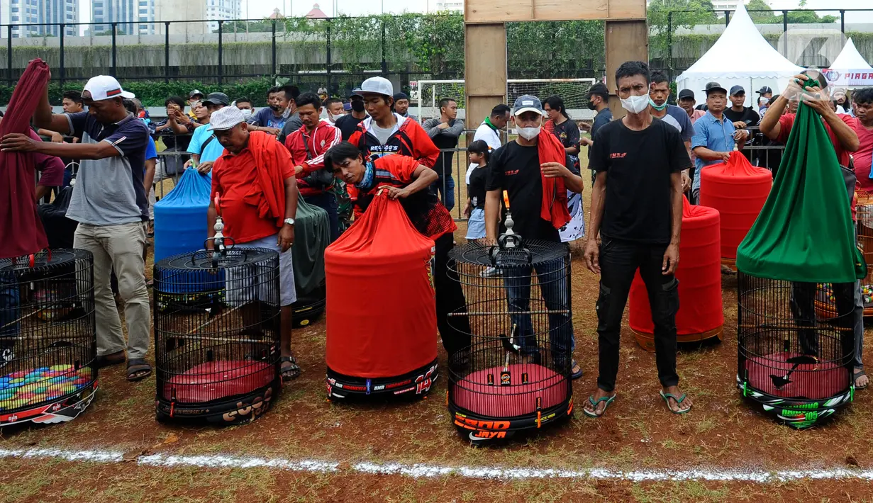 Warga mengikuti Lomba Kicau Burung Pra Piala Gubernur di Lapangan Banteng, Jakarta, Minggu (7/8/20222). Kegiatan ini dalam rangka memeriahkan Jakarta Hajatan ke-495 tahun dan hari kemerdekaan Republik Indonesia ke-77 tahun. (merdeka.com/Arie Basuki)