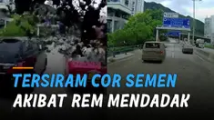Nasib apes dialami oleh kedua mobil yang melakukan rem mendadak dijalan. Tersiram cor coran semen dari truk semen.