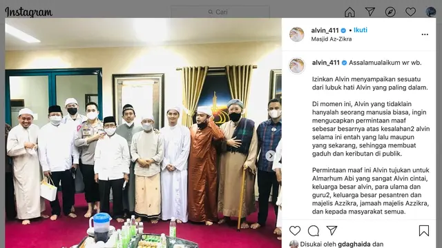 Unggahan Alvin Faiz. (Foto: Instagram @alvinfaiz)