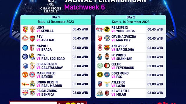 Jadwal dan Link Streaming UCL 2023/2024 Pekan Keenam di Vidio