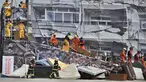 Tim penyelamat menggeledah bangunan tiruan yang runtuh saat latihan pertahanan sipil meniru serangan China di Taichung, Taiwan, Kamis (13/4/2023). Lebih dari 1.000 orang ikut serta dalam latihan yang diselenggarakan oleh Pemerintah Taichung. (Sam Yeh/AFP)