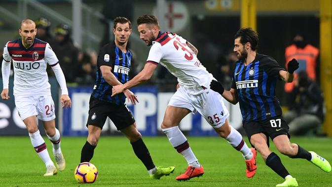 Inter Milan menghadapi Bologna di Giuseppe Meazza pada laga pekan ke-22 Serie A, Minggu (3/2/2019) malam waktu setempat. (AFP/Miguel Medina)