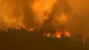 Kebakaran yang disebabkan oleh angin kencang membakar punggung bukit di pinggiran Brigadoon di Perth, Australia, Selasa (2/1/2021). Asap dan api dari kebakaran hutan membakar kota terbesar keempat di Australia ini, di tengah pemberlakuan lockdown virus corona COVID-19. (Trevor Collens/AFP)