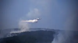 Sebuah pesawat berpartisipasi dalam operasi pemadaman kebakaran hutan di Koycegiz, Mugla, Turki, Senin (9/8/2021). Kebakaran hutan di Turki telah menewaskan delapan orang serta hewan yang tidak terhitung jumlanya. (AP Photo/Emre Tazegul)