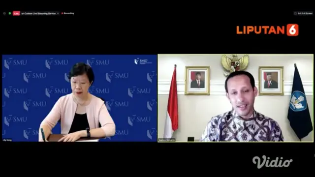 Presiden SMU Lily Kong (kiri) dan Nadiem Makarim, Menteri Pendidikan dan Kebudayaan RI (kanan).