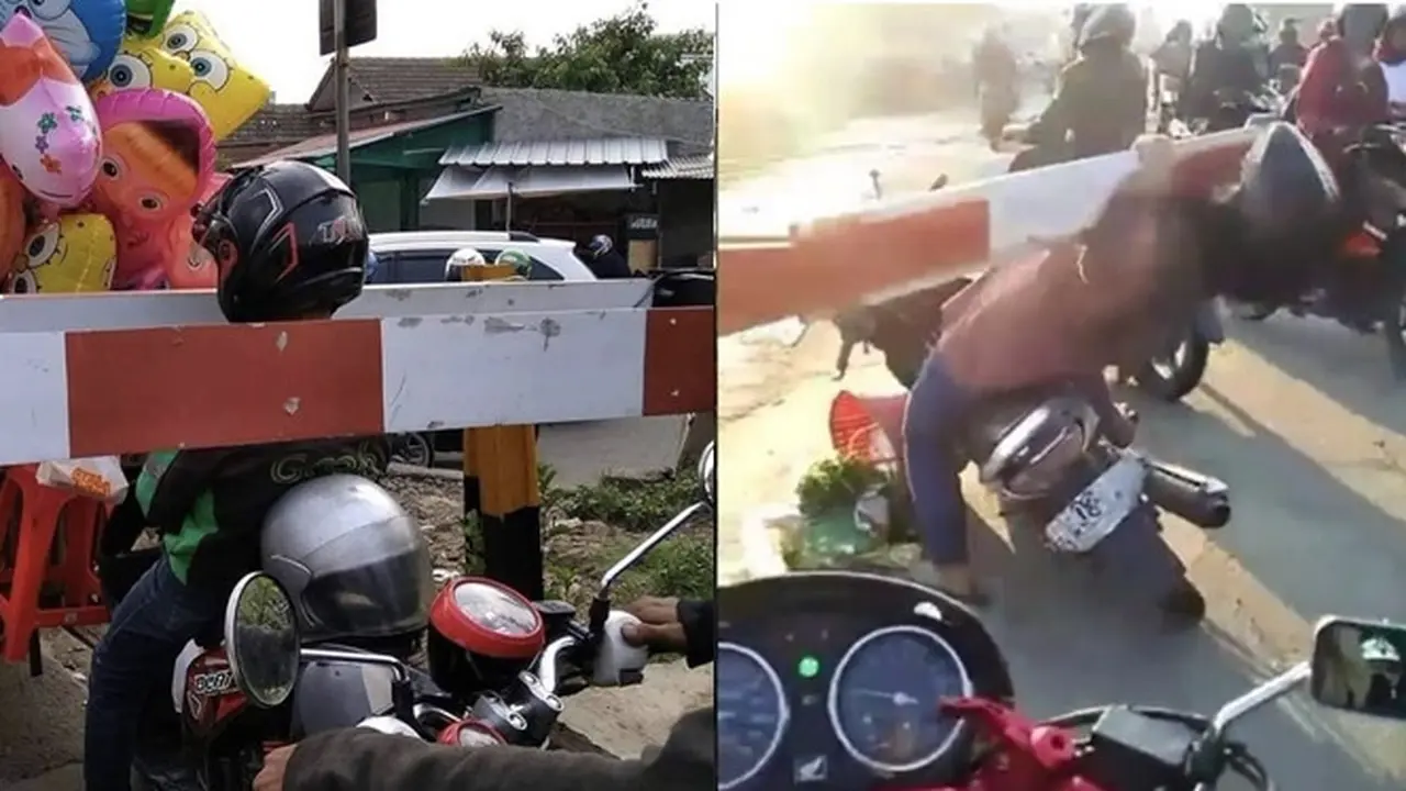 6 Potret Pengendara Motor Terjebak di Pintu Palang Kereta Api Ini Bikin Deg-degan