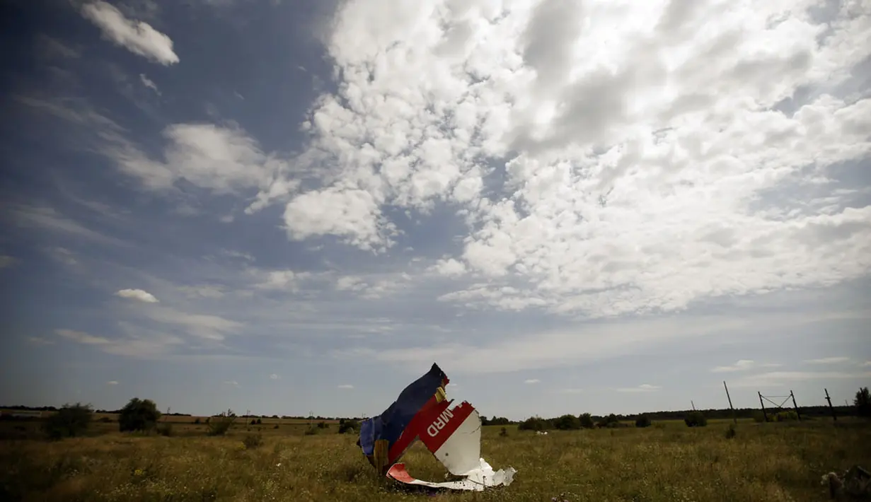 Salah satu puing pesawat Malaysia Airlines MH-17 yang tercecer usai jatuh di desa Hrabove, Donetsk, Ukraina, (20/7/2014). (REUTERS/Maxim Zmeyev) 