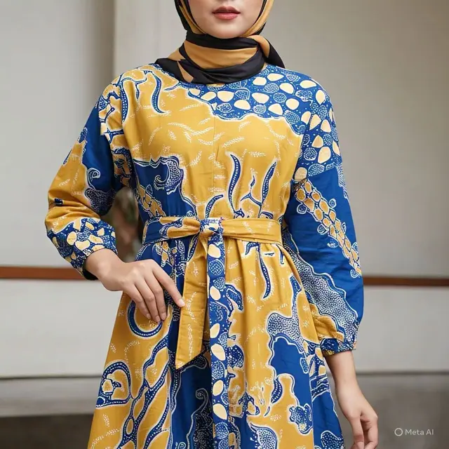 Gamis Batik Kombinasi Polos dengan Aksen Pita/Tali Pinggang