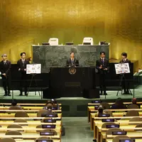 BTS di Sidang Umum PBB 2021. (John Angelillo/Pool via AP)