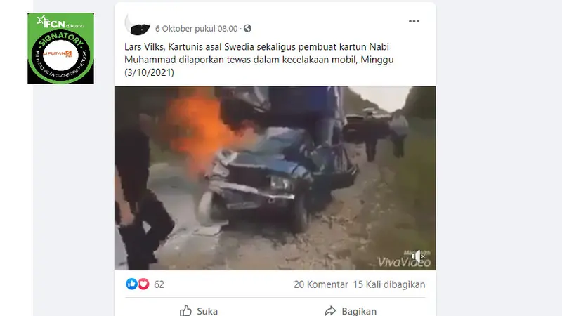 Cek Fakta Liputan6.com menelusuri klaim video kecelakaan yang menewaskan pembuat karikatur Nabi Muhammad Lars Vilks