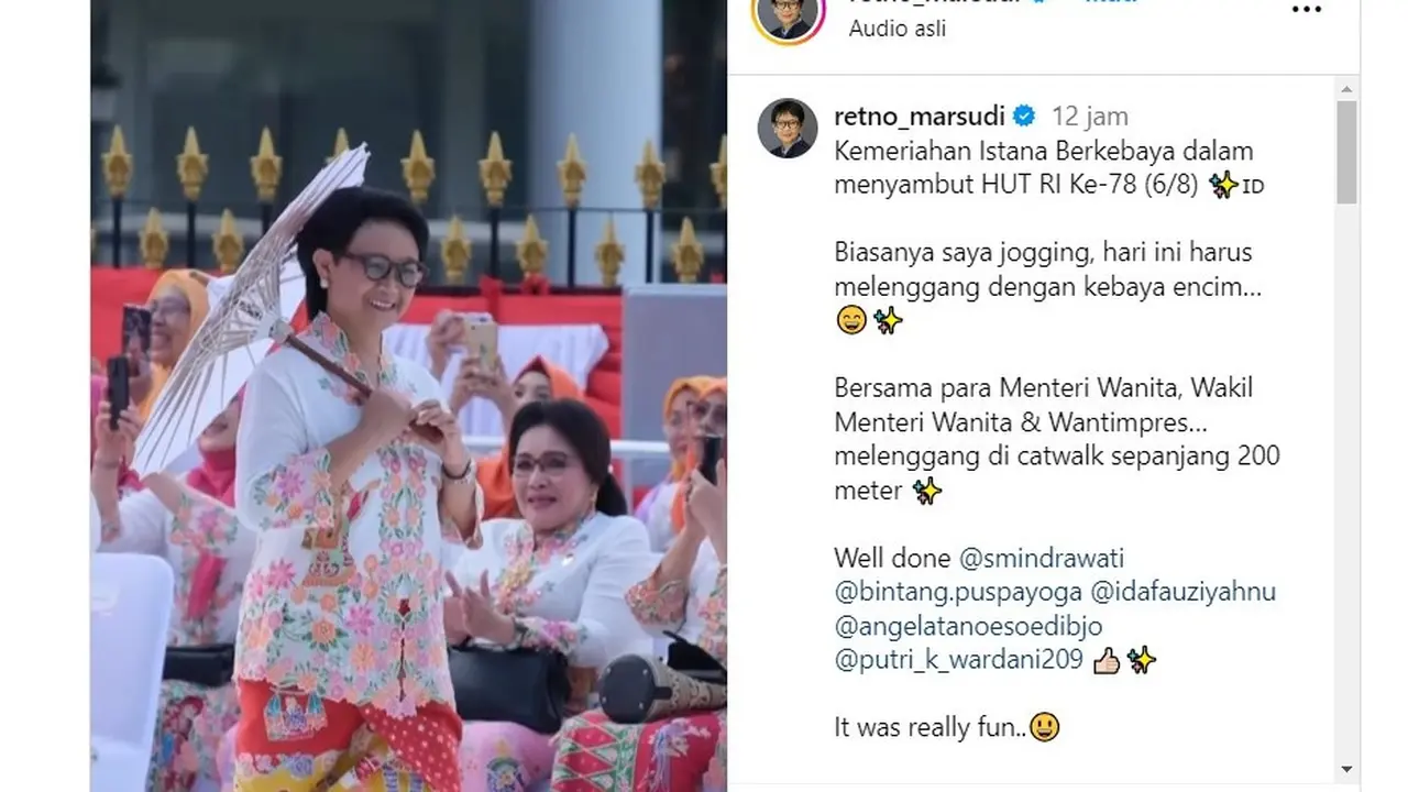 Menlu Retno Marsudi saat memeriahkan acara istana Berkebaya. (instagram retno_marsudi)