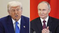 Foto kombinasi ini menampilkan Presiden Amerika Serikat Donald Trump dalam sebuah forum bisnis di Abu Dhabi, Uni Emirat Arab, pada 16 Mei 2025 dan Presiden Rusia Vladimir Putin dalam sebuah upacara penandatanganan di Kremlin, Moskow, pada 10 Mei 2025. (Dok. AP)