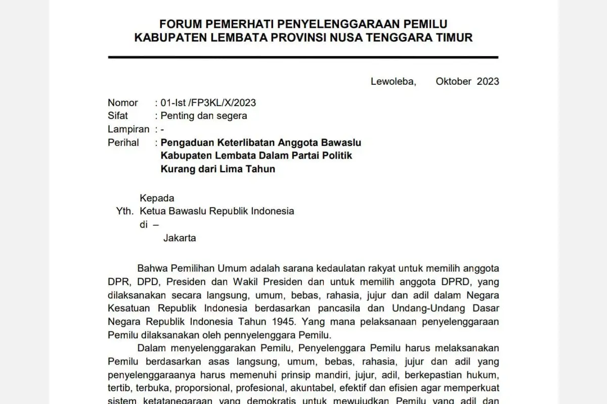Surat pengaduan ke DKPP terkait salah satu anggota Bawaslu Kabupaten Lembata yang jadi pengurus partai (Liputan6.com/Ola Keda)