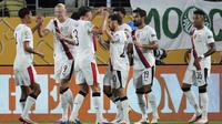 Selebrasi skuad Manchester City dalam laga versus Al Hilal di babak 16 besar Piala Dunia Antarklub 2025, Selasa (1/7/2025).&nbsp;(AP Photo/John Raoux)