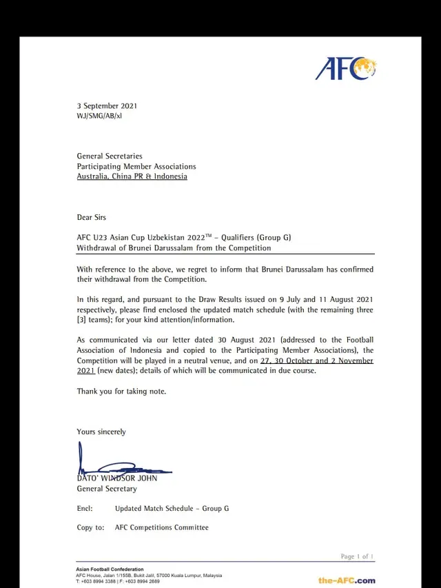 Surat AFC terkait pengunduran diri Brunei Darussalam dari Kualifikasi Piala AFC U-23 2022.
