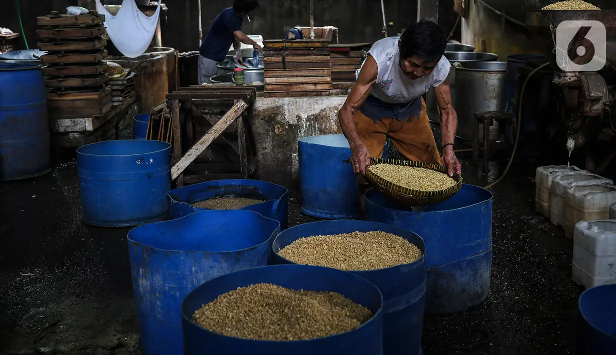 Perajin mempersiapkan bahan baku kedelai sebelum diolah menjadi tahu di salah satu sentra produksi tahu di Jakarta, Selasa (25/5/2021). Berdasarkan tren harga yang dikutip dari Chicago Board of Trade (CBOT), harga kedelai dunia masih mengalami kenaikan. (Liputan6.com/Johan Tallo)