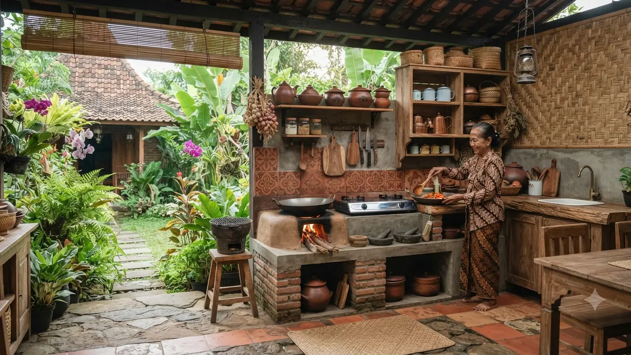 Model dapur terbuka di belakang rumah kampung yang estetik