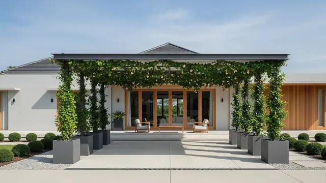 Desain Teras Sekaligus Carport dengan Tanaman Rambat
