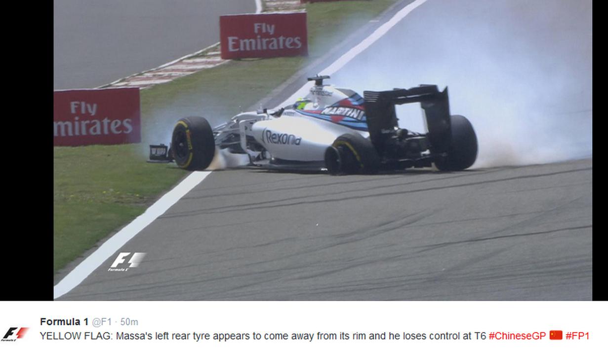 Pebalap Williams, Felipe Massa, mengalami pecah ban saat latihan bebas pertama F1 GP China di Sirkuit Internasional Shanghai, China, Jumat (15/4/2016). (Bola.com/Twitter/F1)
