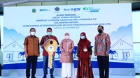Menteri Ketenagakerjaan Ida Fauziyah pada acara Akad Massal Kredit Rumah Pekerja Manfaat Layanan Tambahan (MLT) Program JHT, di Serpong Tangerang, Selasa (30/11/2021).
